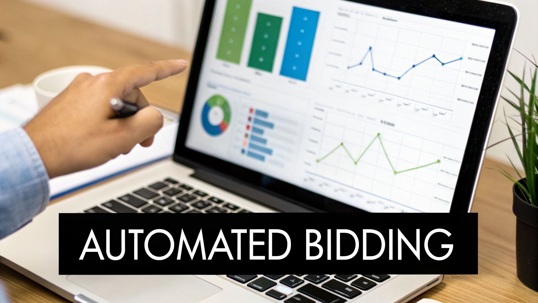 A person's hand points to a laptop screen showing data charts and graphs, with 'AUTOMATED BIDDING' text overlay.