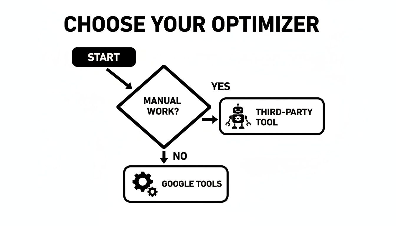 Flowchart for choosing an optimizer: manual work leads to third-party tools, otherwise Google tools.