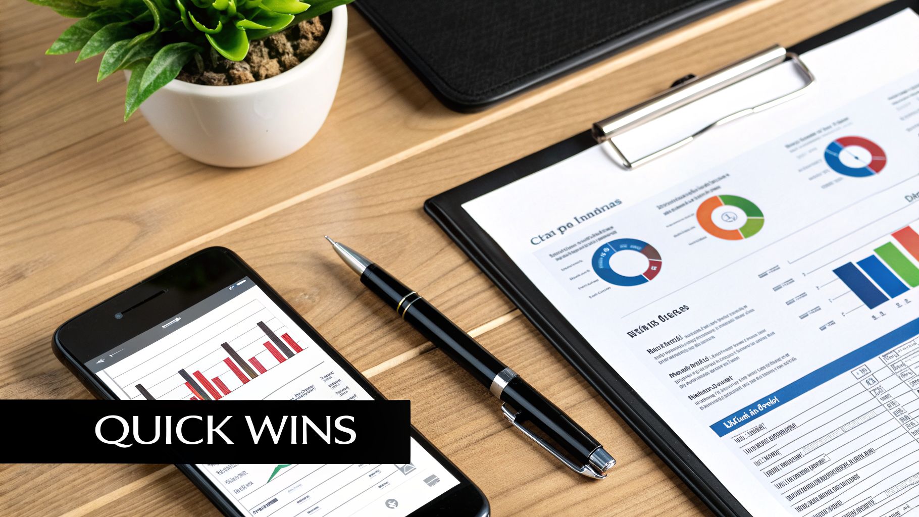 An overhead view of a work desk with a smartphone, pen, clipboard, and financial reports.