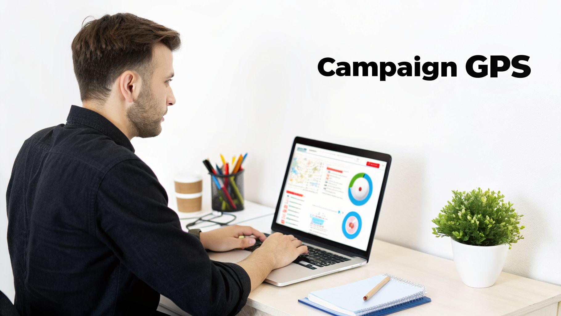 Man analyzing campaign performance data on a laptop in a bright office environment with "Campaign GPS" on the wall.