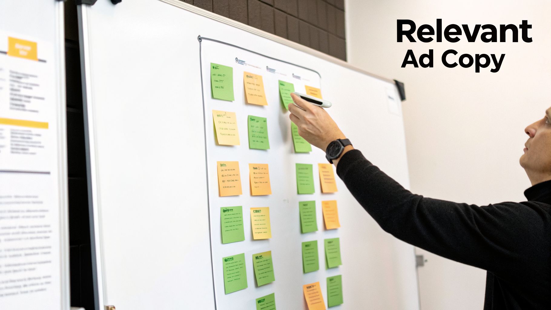 A person's hand places a green sticky note on a whiteboard filled with various notes, next to 'Relevant Ad Copy' text.