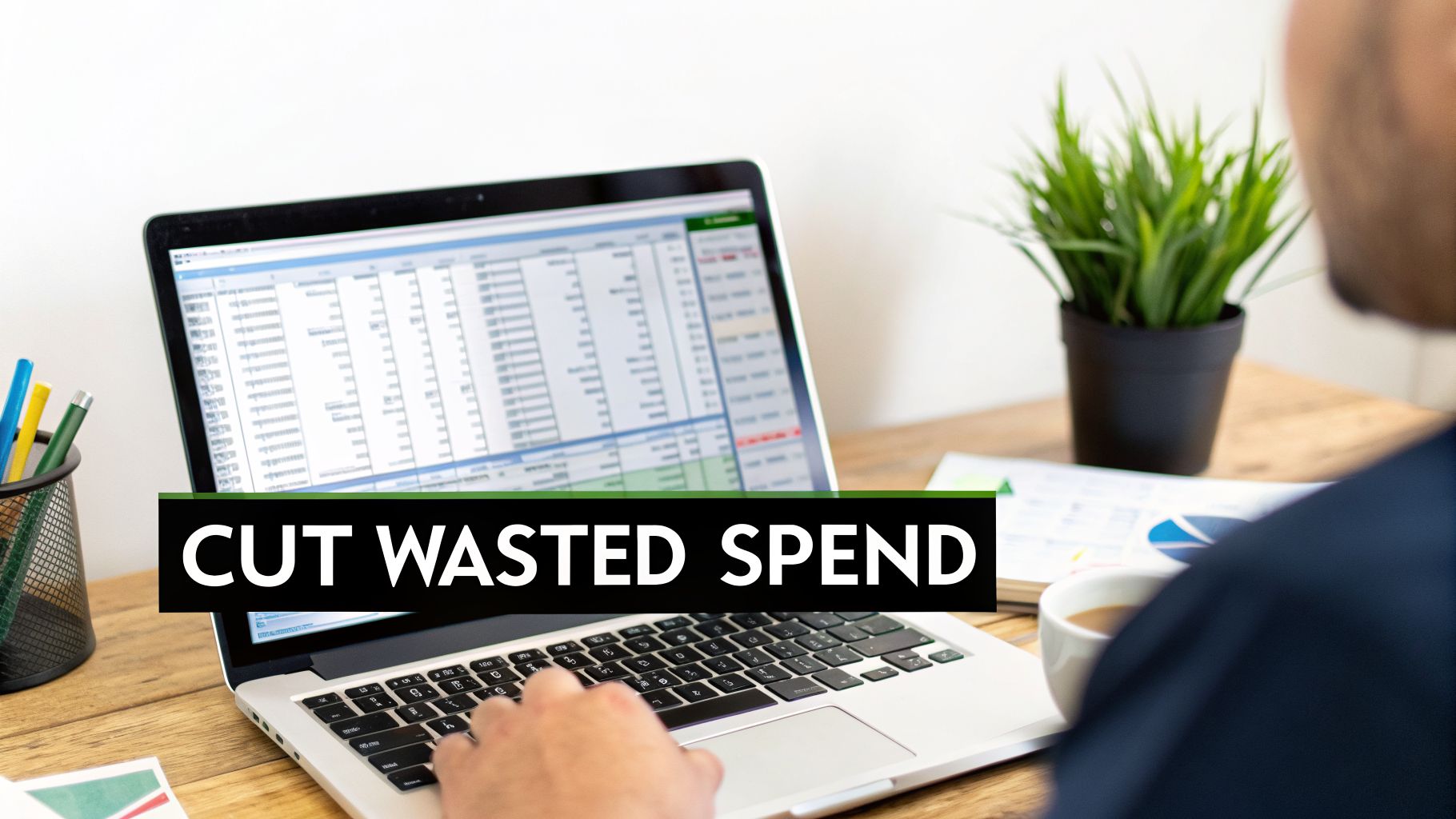 A person works on a laptop displaying a spreadsheet, with text 'CUT WASTED SPEND'.