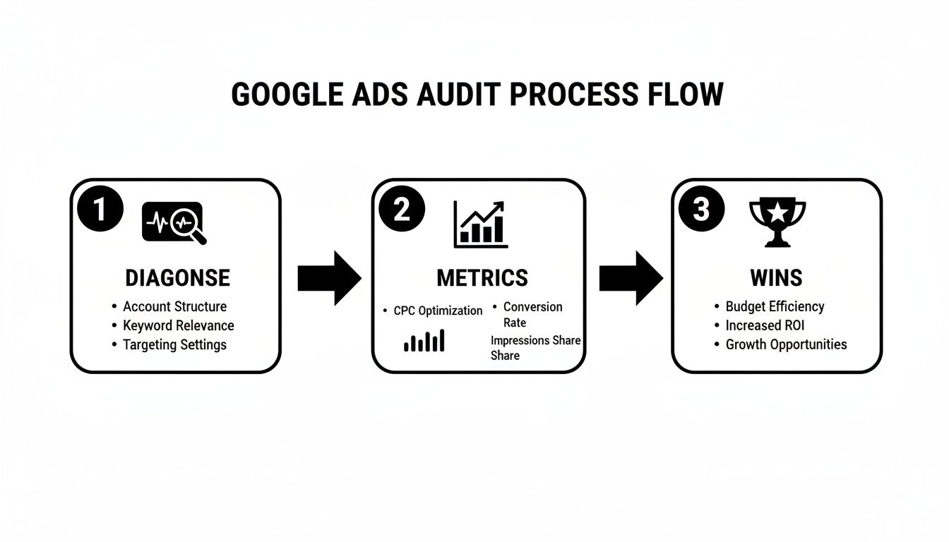 Google Ads audit process flow detailing diagnose, metrics, and wins for optimization.