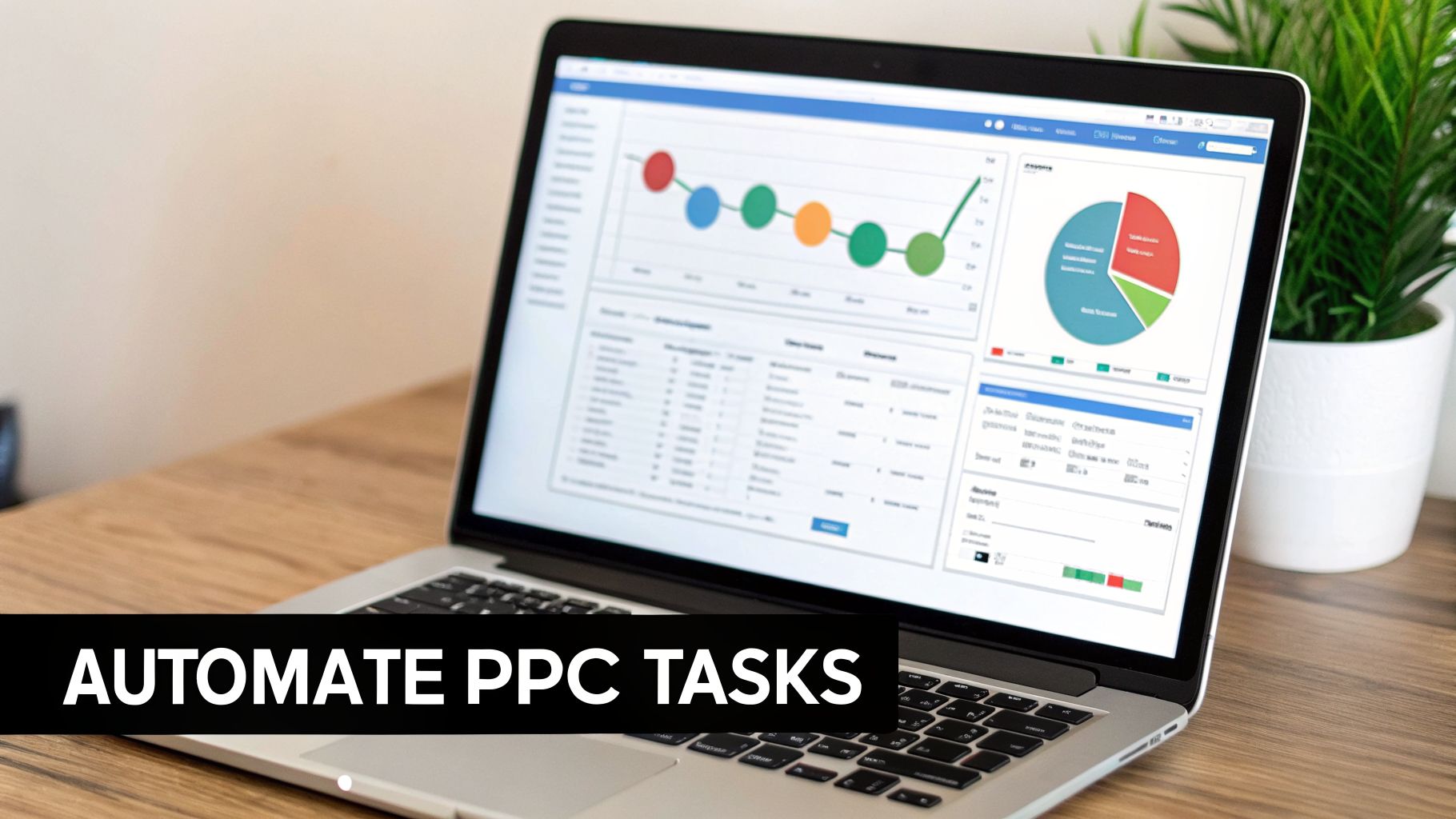 A laptop displaying a digital marketing dashboard with charts and data, alongside text 'AUTOMATE PPC TASKS'.