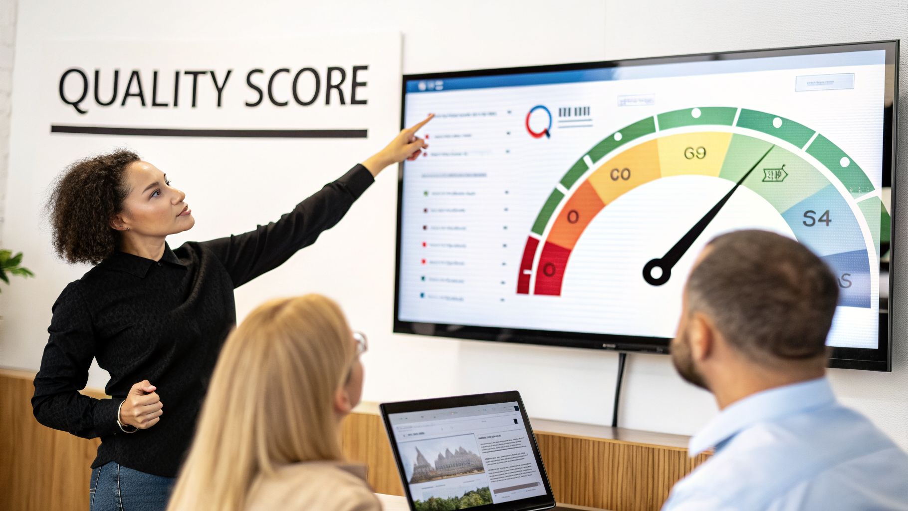 A woman presents a 'Quality Score' dashboard with a performance gauge to colleagues in a meeting.