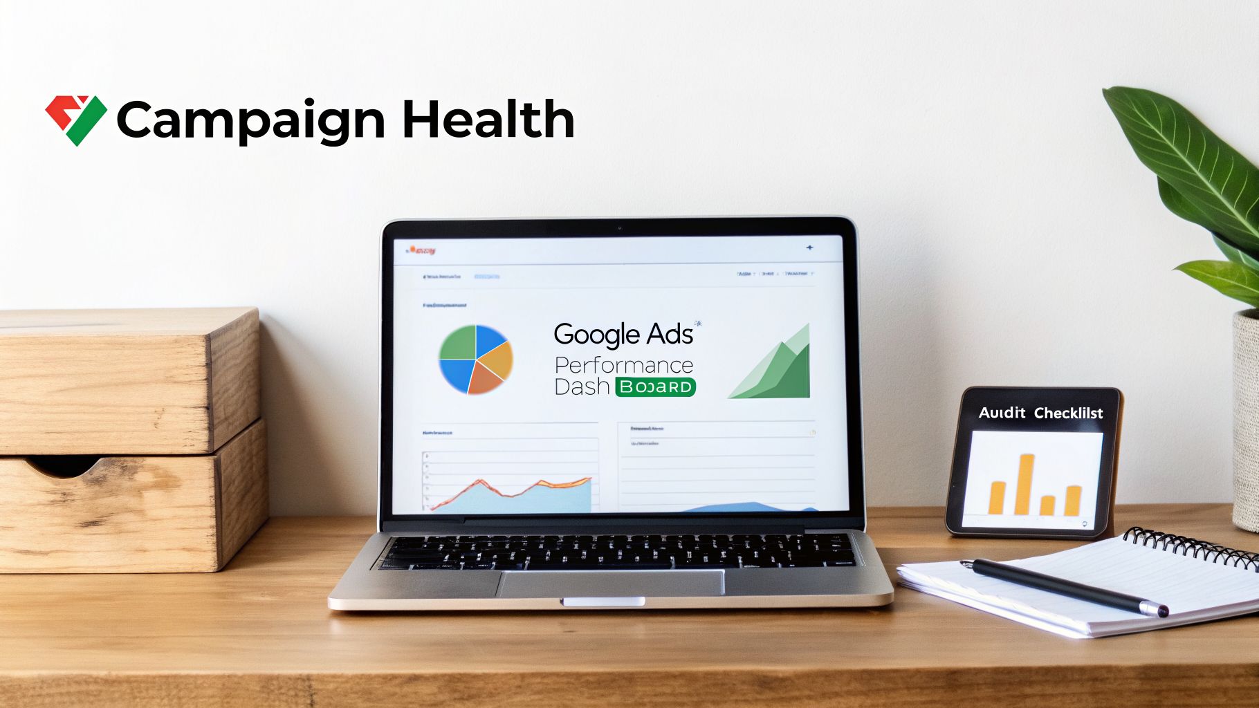 A modern desk setup featuring a laptop displaying a Google Ads performance dashboard and a device with an audit checklist.