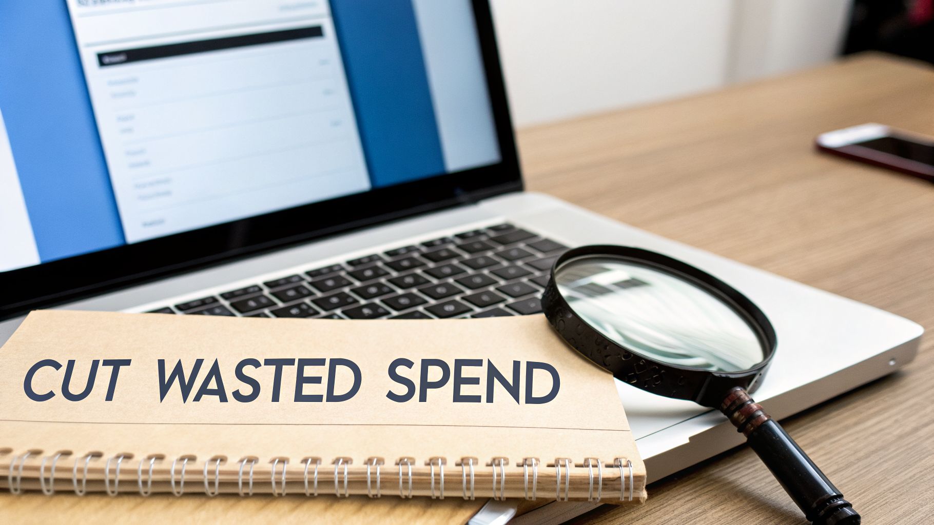 A notebook with 'CUT WASTED SPEND' on a laptop with a magnifying glass, symbolizing cost optimization.