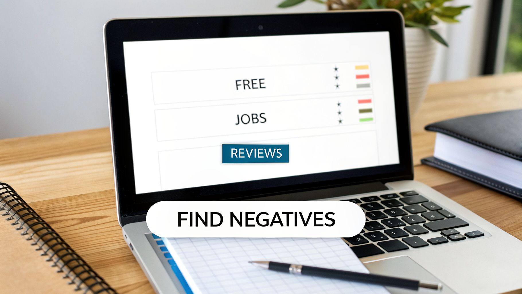 A laptop on a wooden desk displaying a screen with 'REVIEWS' and an overlay 'FIND NEGATIVES'.