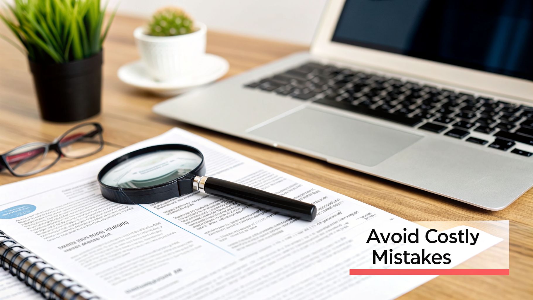 A desk with a laptop, documents, a magnifying glass, and glasses, emphasizing attention to detail.