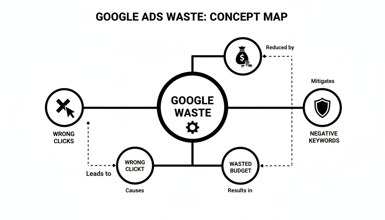 A concept map showing Google Ads waste, including wrong clicks, wasted budget, and negative keywords.
