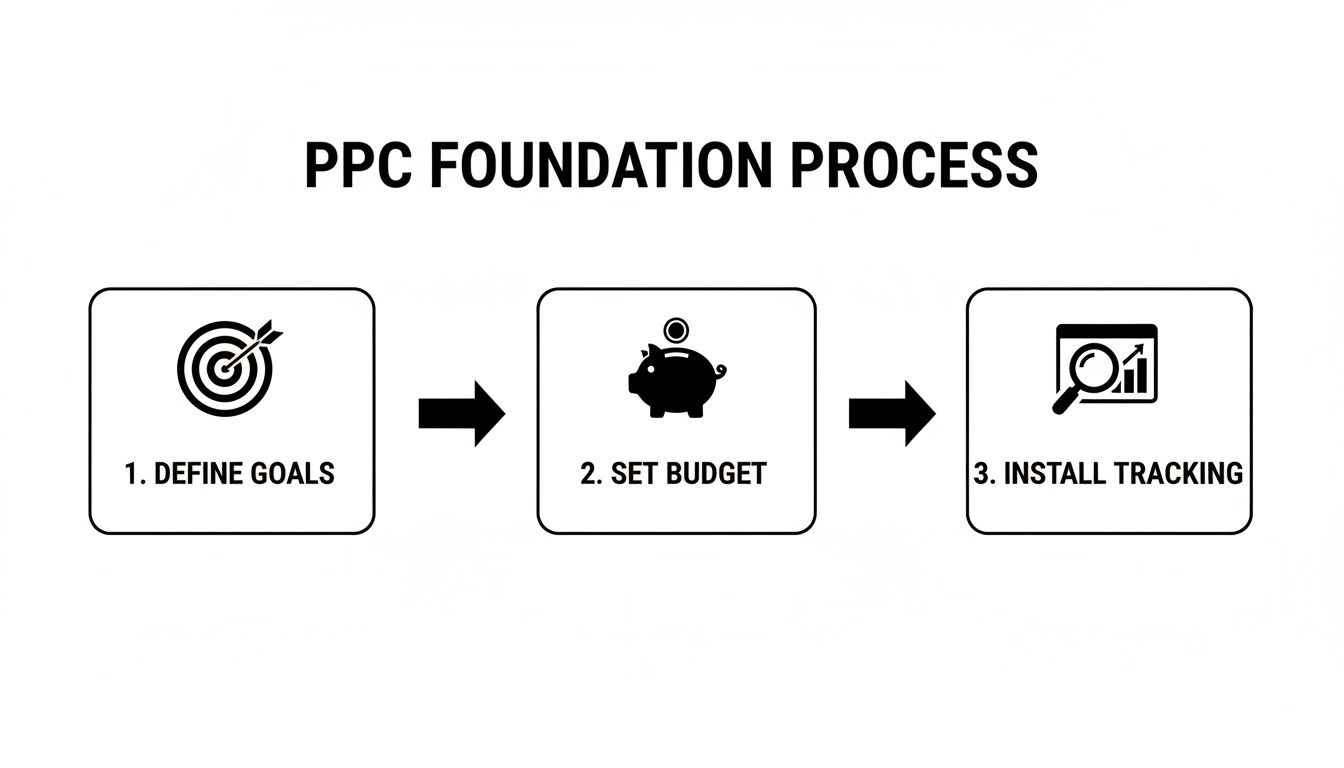 Diagram showing the PPC foundation process: defining goals, setting budget, and installing tracking for campaigns.