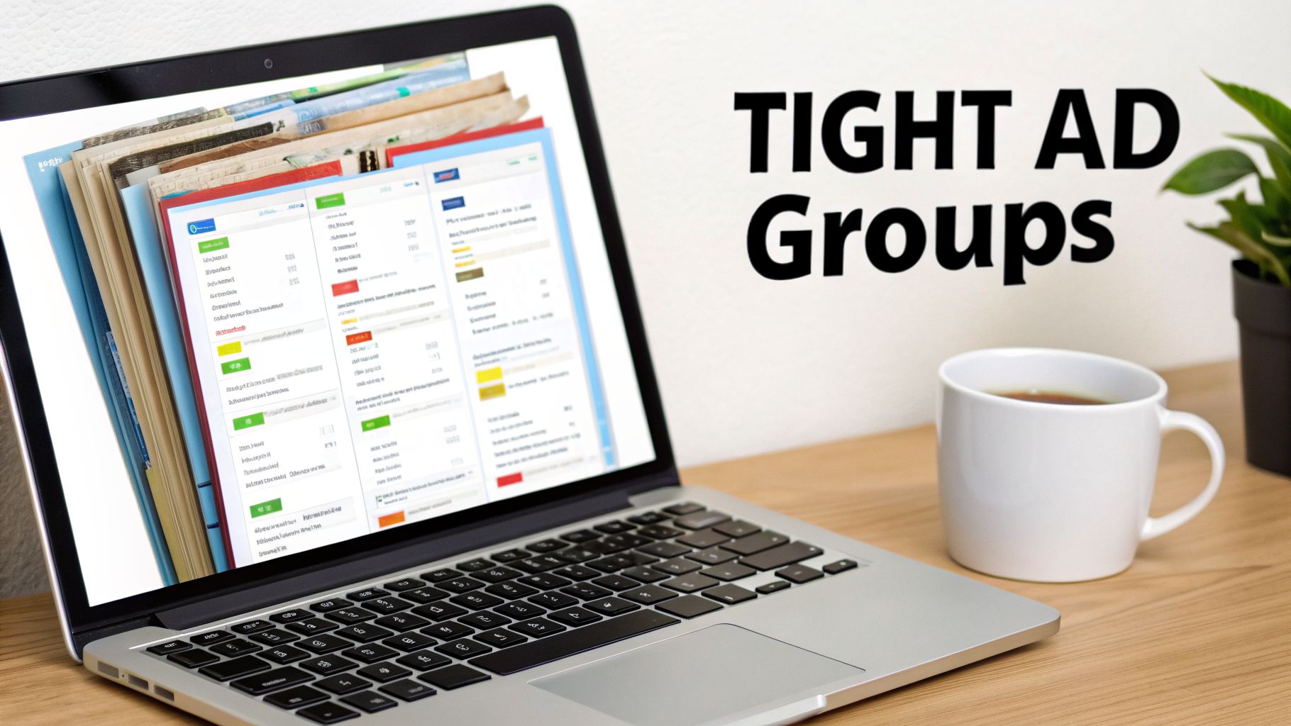 Laptop screen shows a digital ad campaign dashboard with 'TIGHT AD Groups' text, coffee, and plant.
