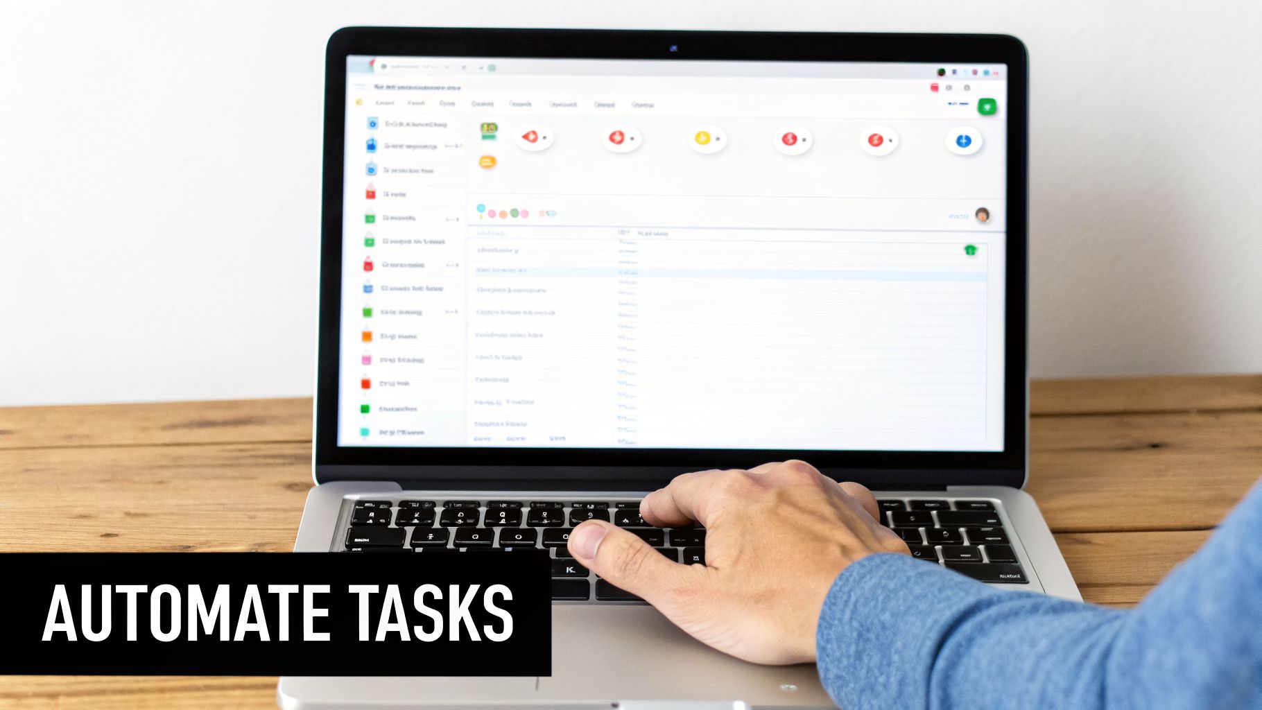 Close-up of hands typing on a laptop keyboard, screen showing an application for automating tasks.