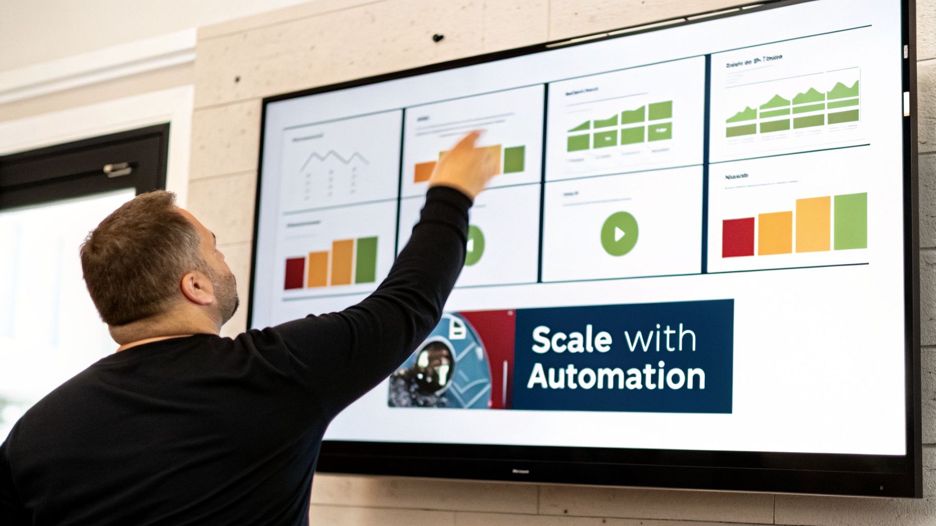 Man in black shirt pointing at a large screen displaying business intelligence dashboards with charts, graphs, and 'Scale with Automation' text.