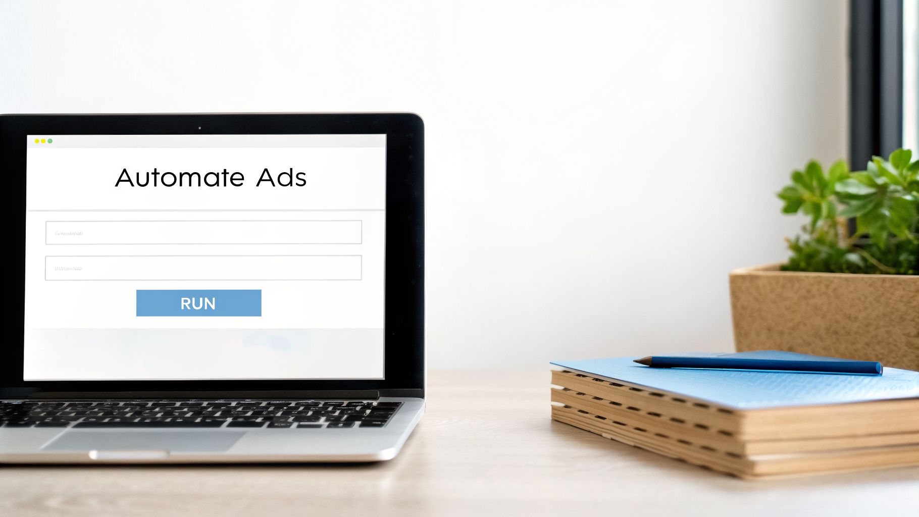 Laptop showing 'Automate Ads' interface with a run button, alongside books and a potted plant.