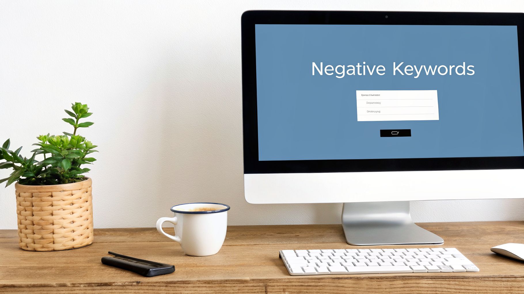 A desk setup with a computer screen displaying 'Negative Keywords', along with a plant, coffee, keyboard, and mouse.