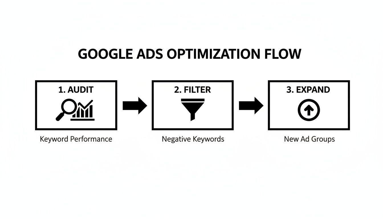 Flowchart illustrating the Google Ads optimization process, including Audit, Filter, and Expand steps.