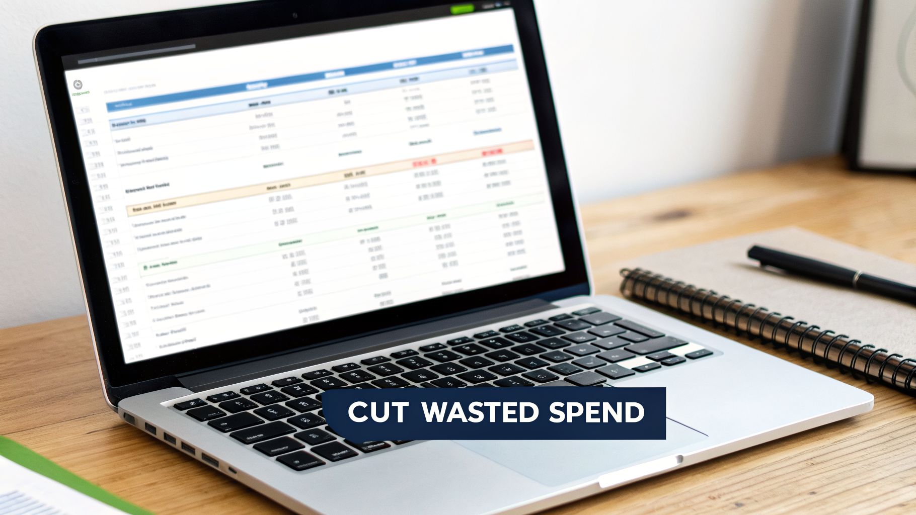 A laptop on a wooden desk displays a financial report, with a notebook and pen nearby, emphasizing cost reduction.