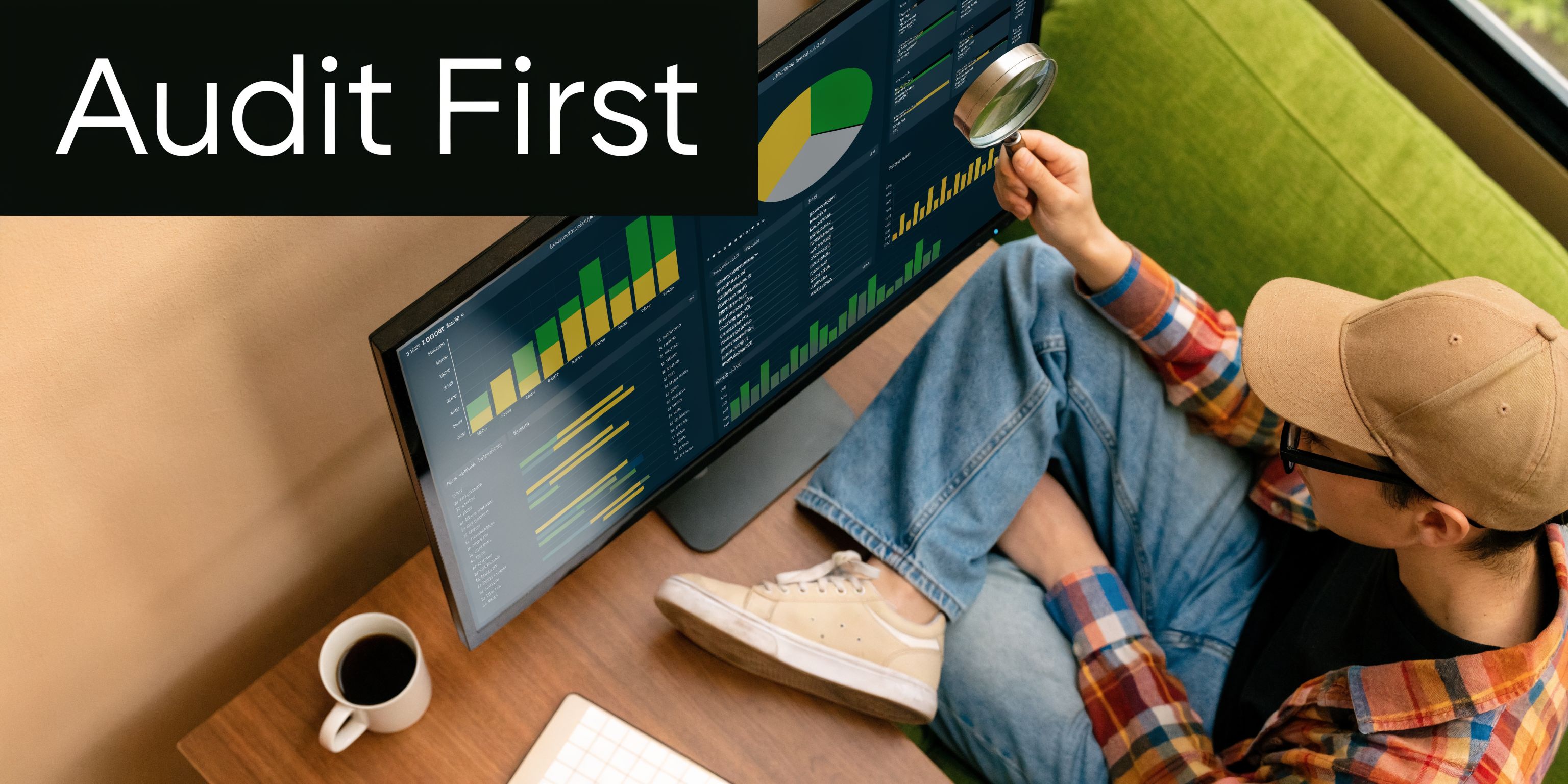 A young man wearing a baseball cap examining digital financial data charts on a computer monitor.