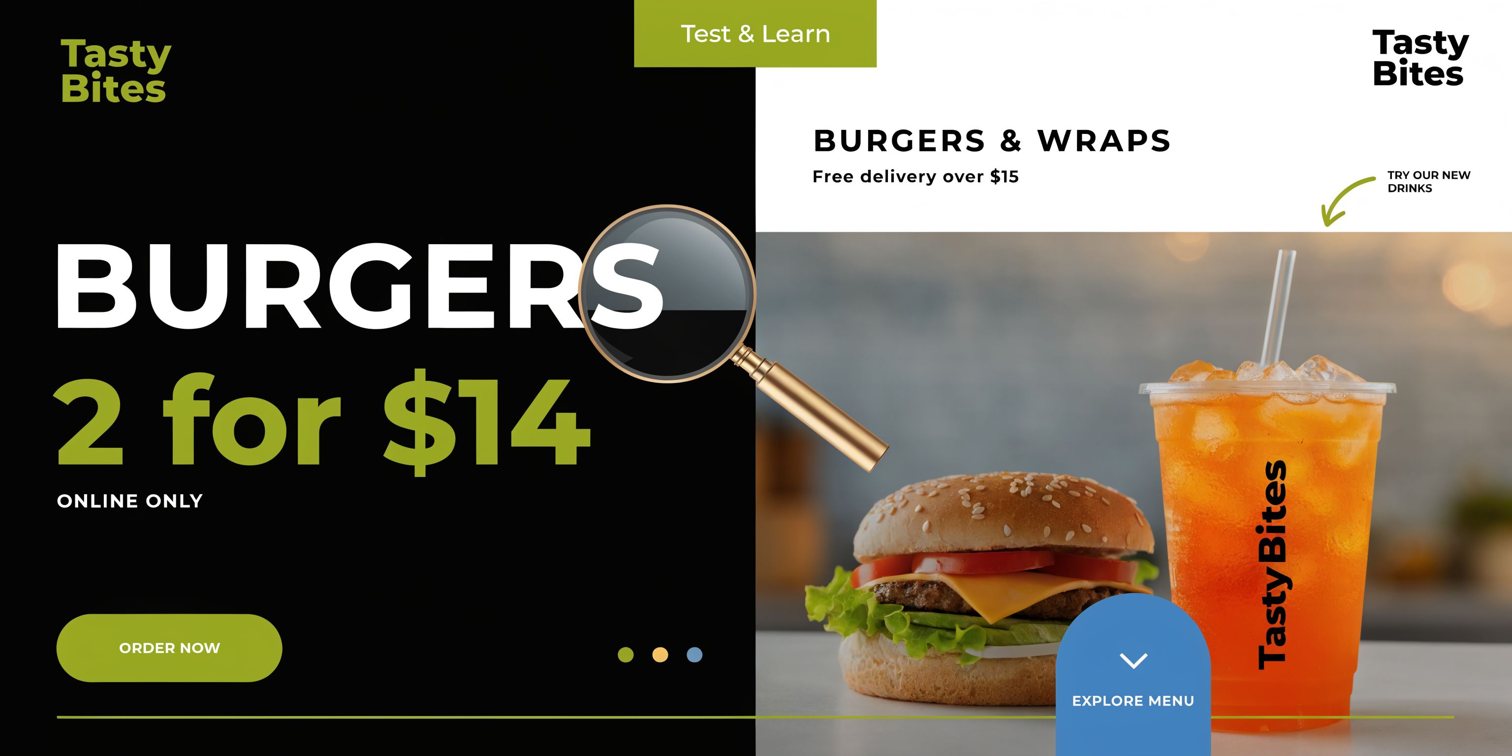A promotional advertisement for Tasty Bites showing a burger and a drink with a special deal offer.