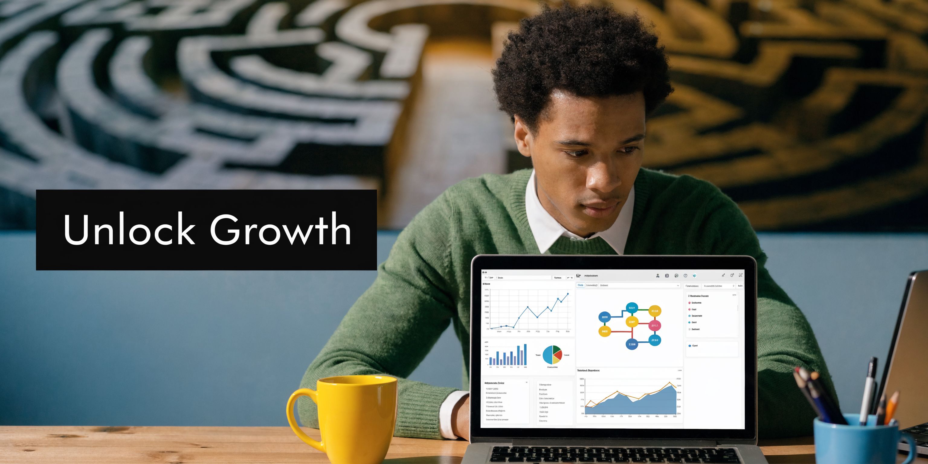 A young man sits at a desk analyzing data charts on his laptop screen to unlock growth.