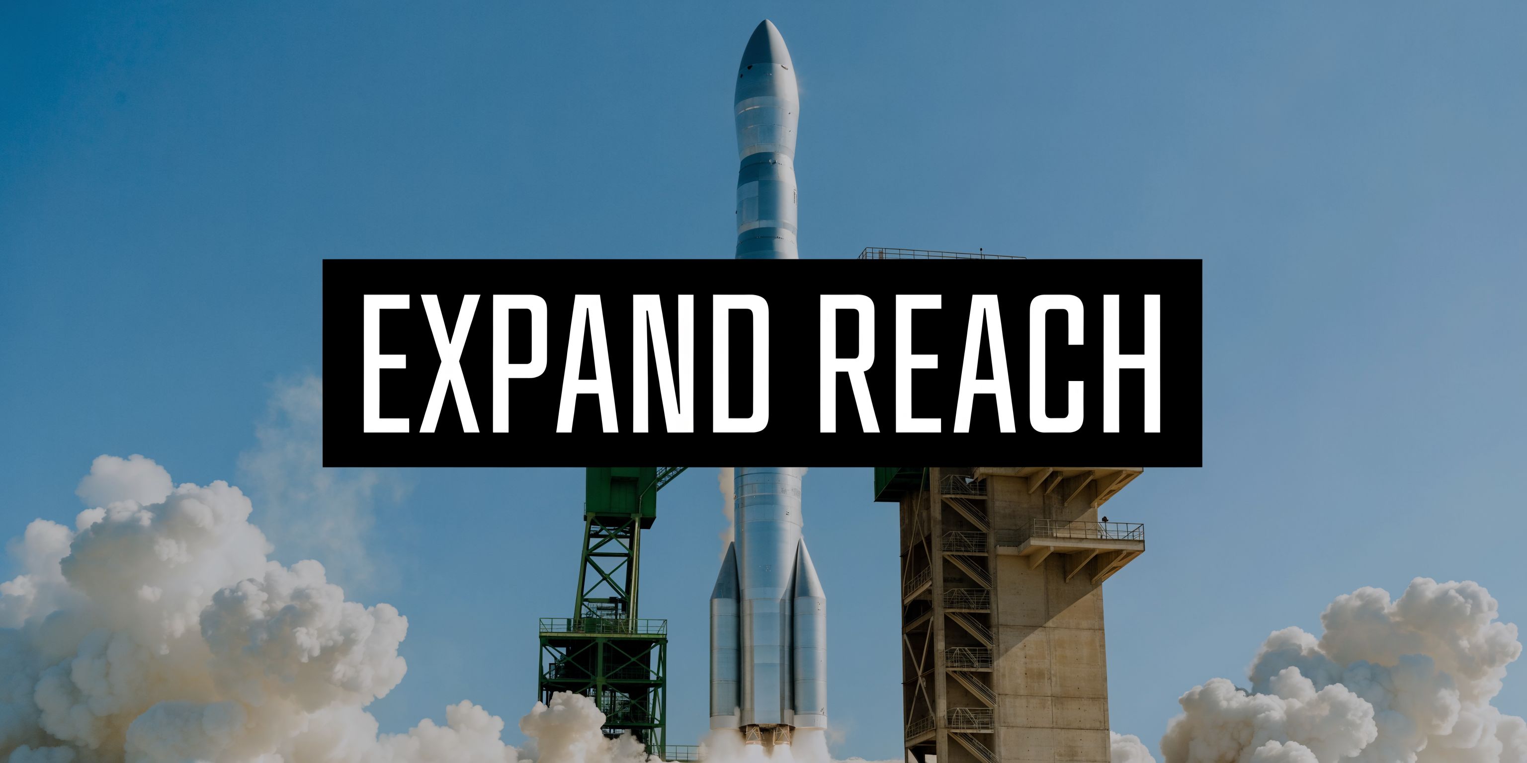 A silver rocket launching into a clear blue sky behind a large black box with text.