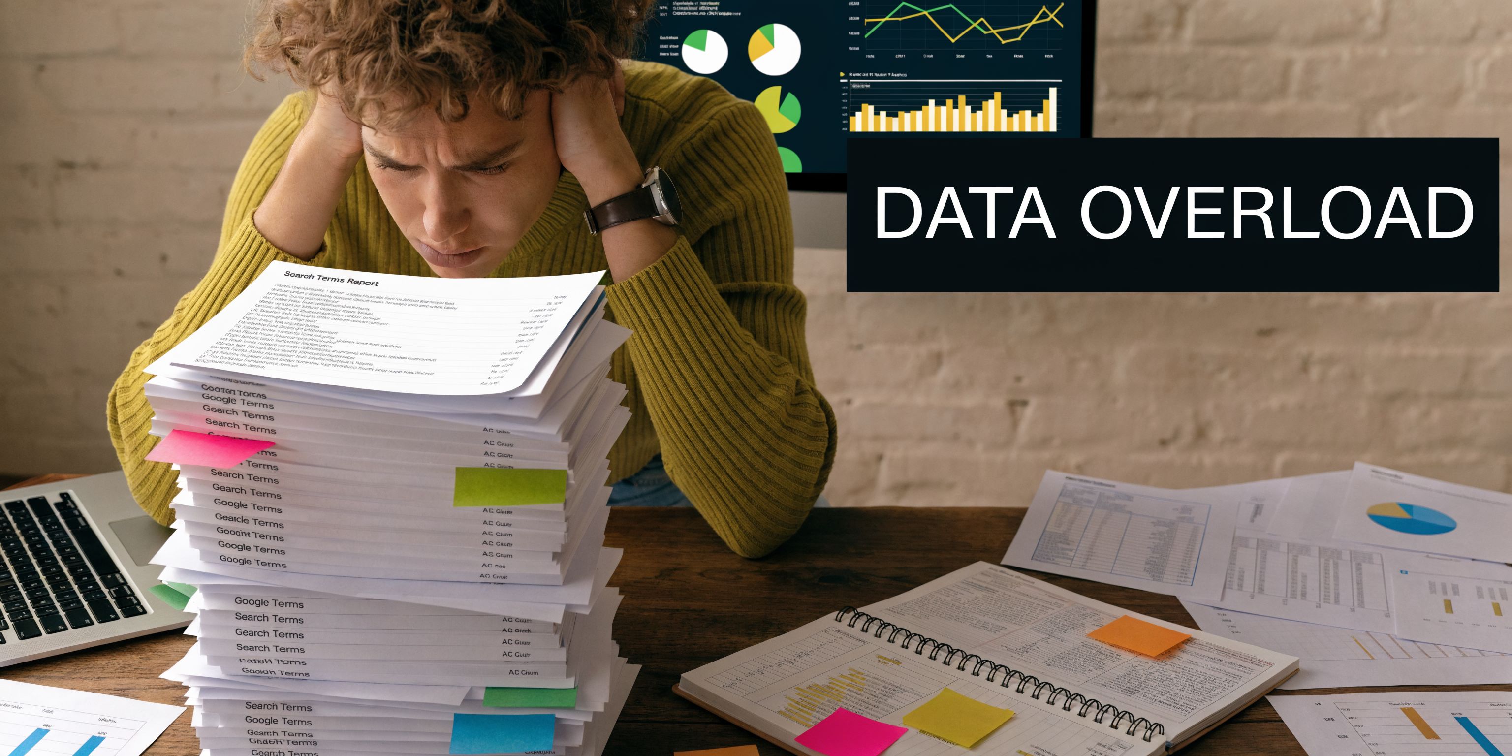 A person looking stressed while surrounded by massive piles of printed search reports and complex data charts.