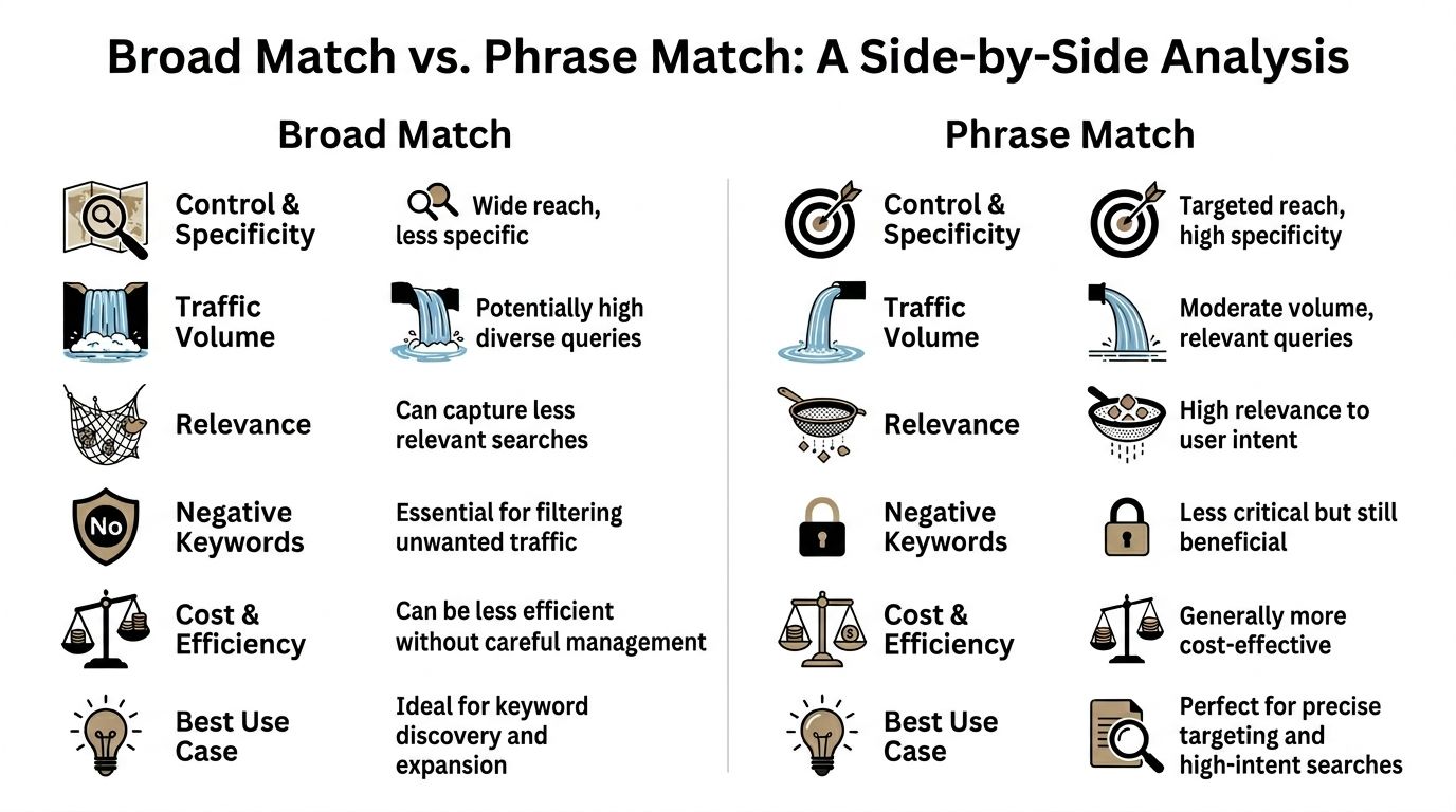 A comparison infographic showing the key differences between broad match and phrase match advertising strategies.