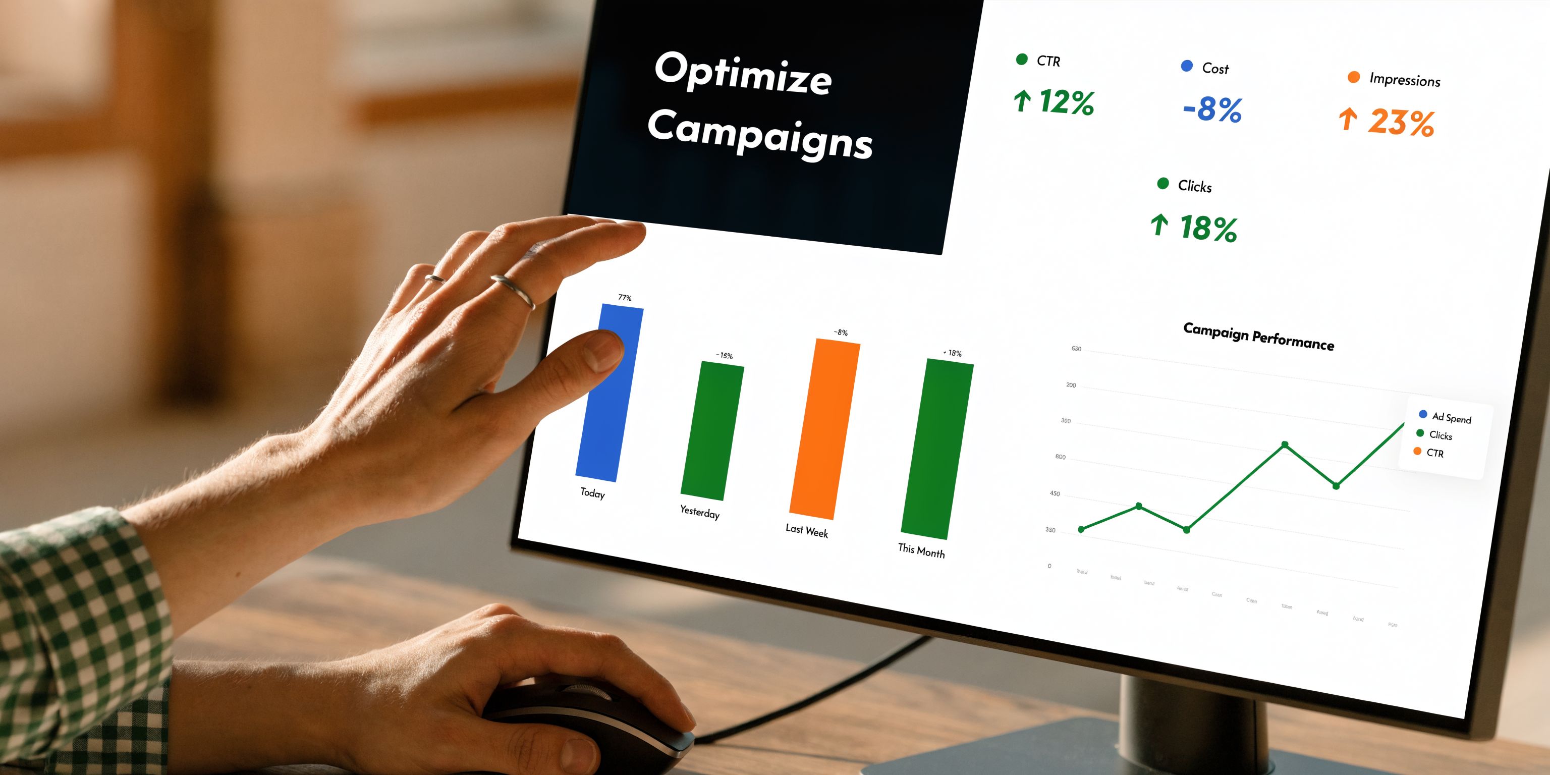 A person analyzing digital marketing campaign performance data on a computer screen showing charts and graphs.