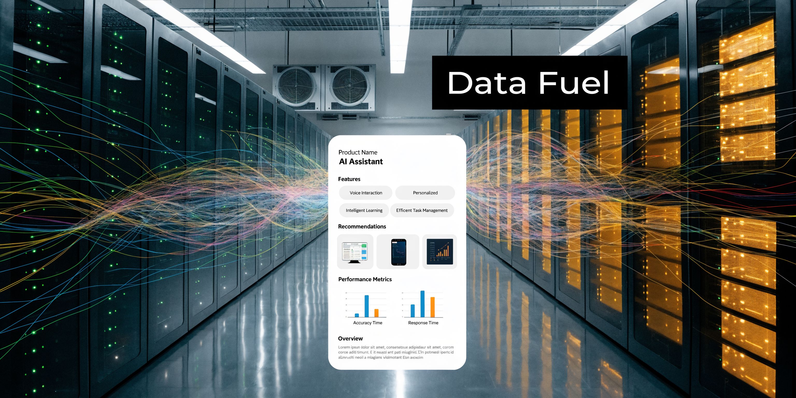 A server room background featuring a dashboard for an AI assistant with performance metrics and feature list.
