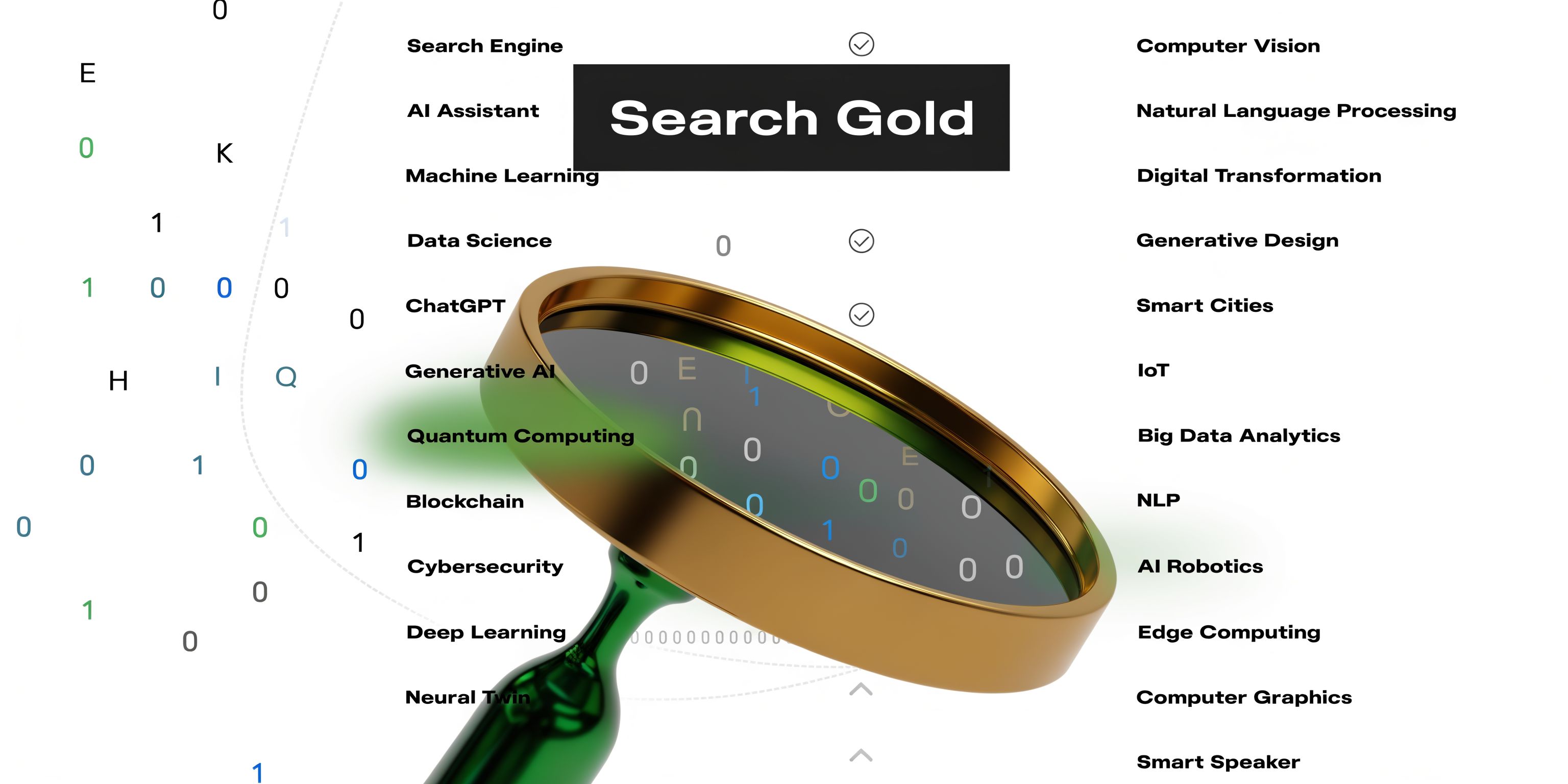 A magnifying glass focusing on a list of emerging technology topics like AI and data science.