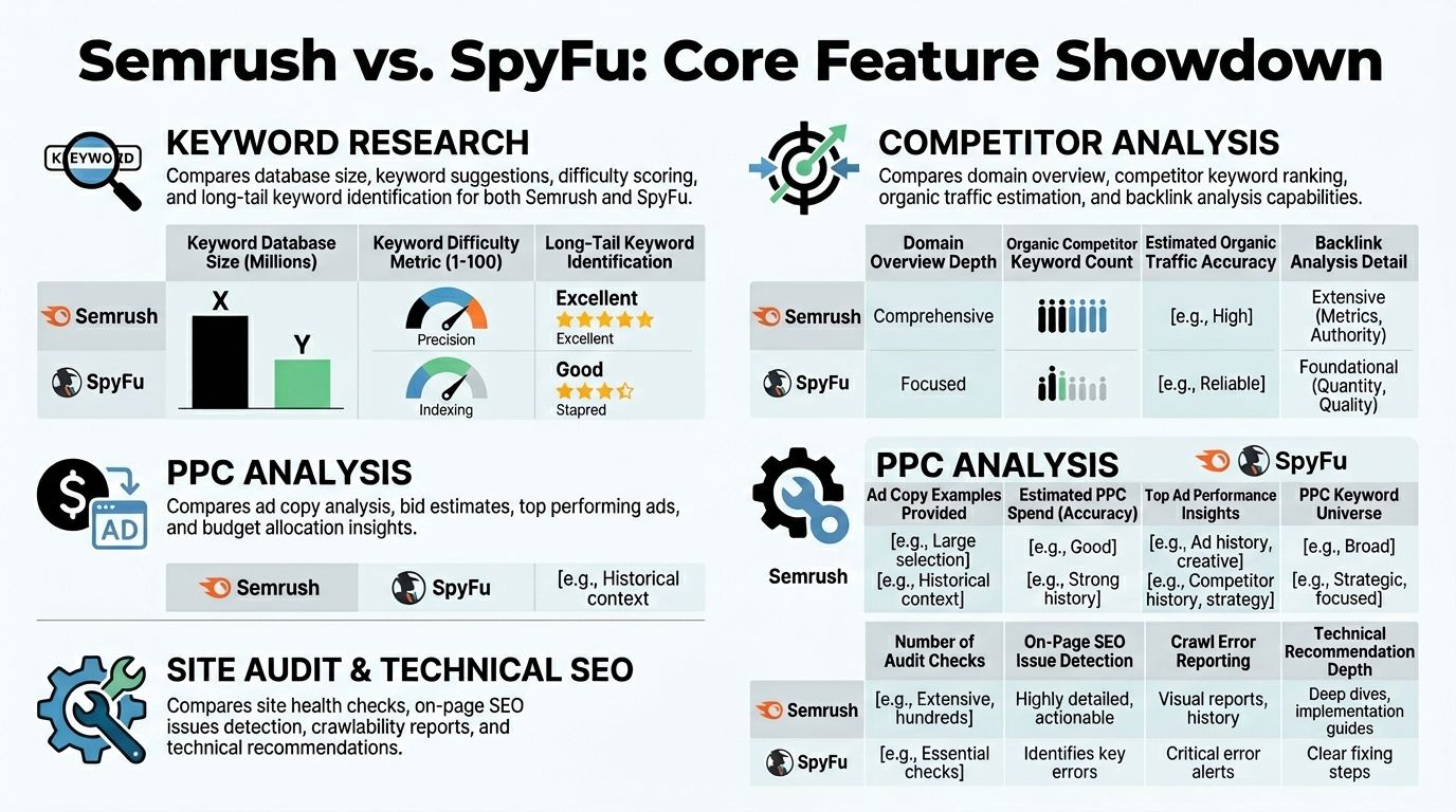 A comparison chart highlighting the core features and analytical capabilities of Semrush versus SpyFu for digital marketers.