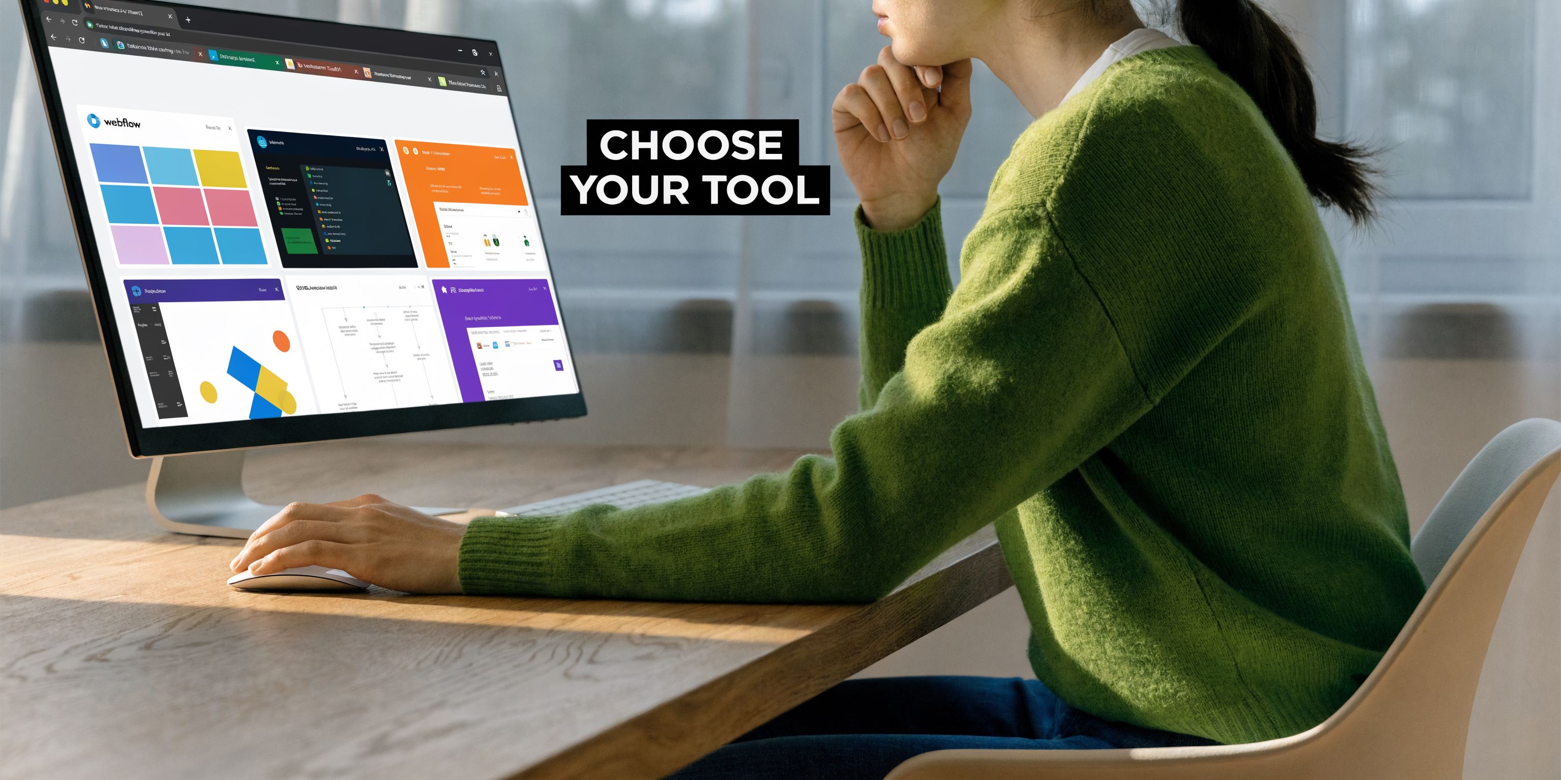 A person sitting at a wooden desk using a computer to choose between different software tools.