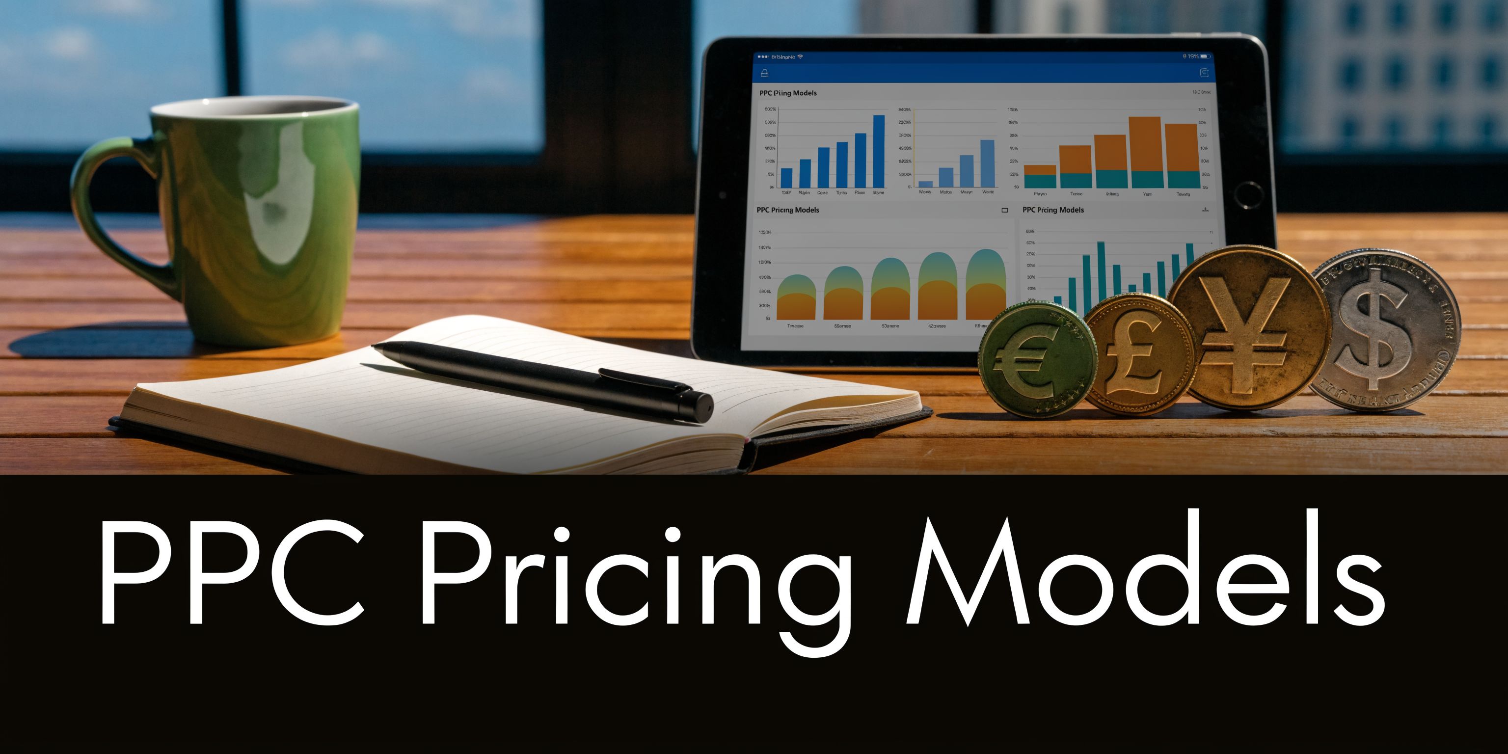A tablet displaying PPC pricing model charts next to a notebook, pen, coffee mug, and currency coins.