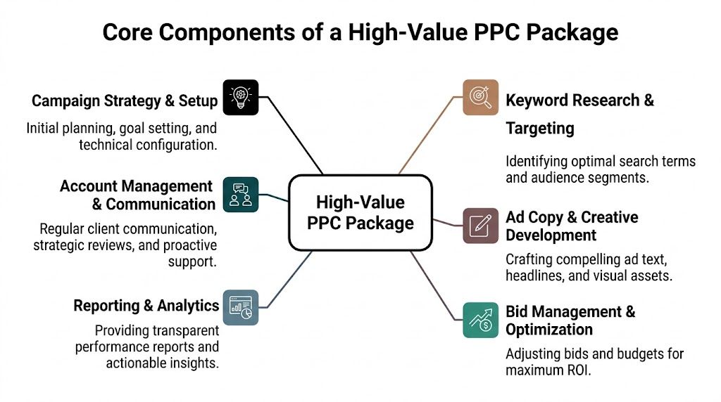 A diagram outlining the six essential core components that make up a high-value pay per click package.