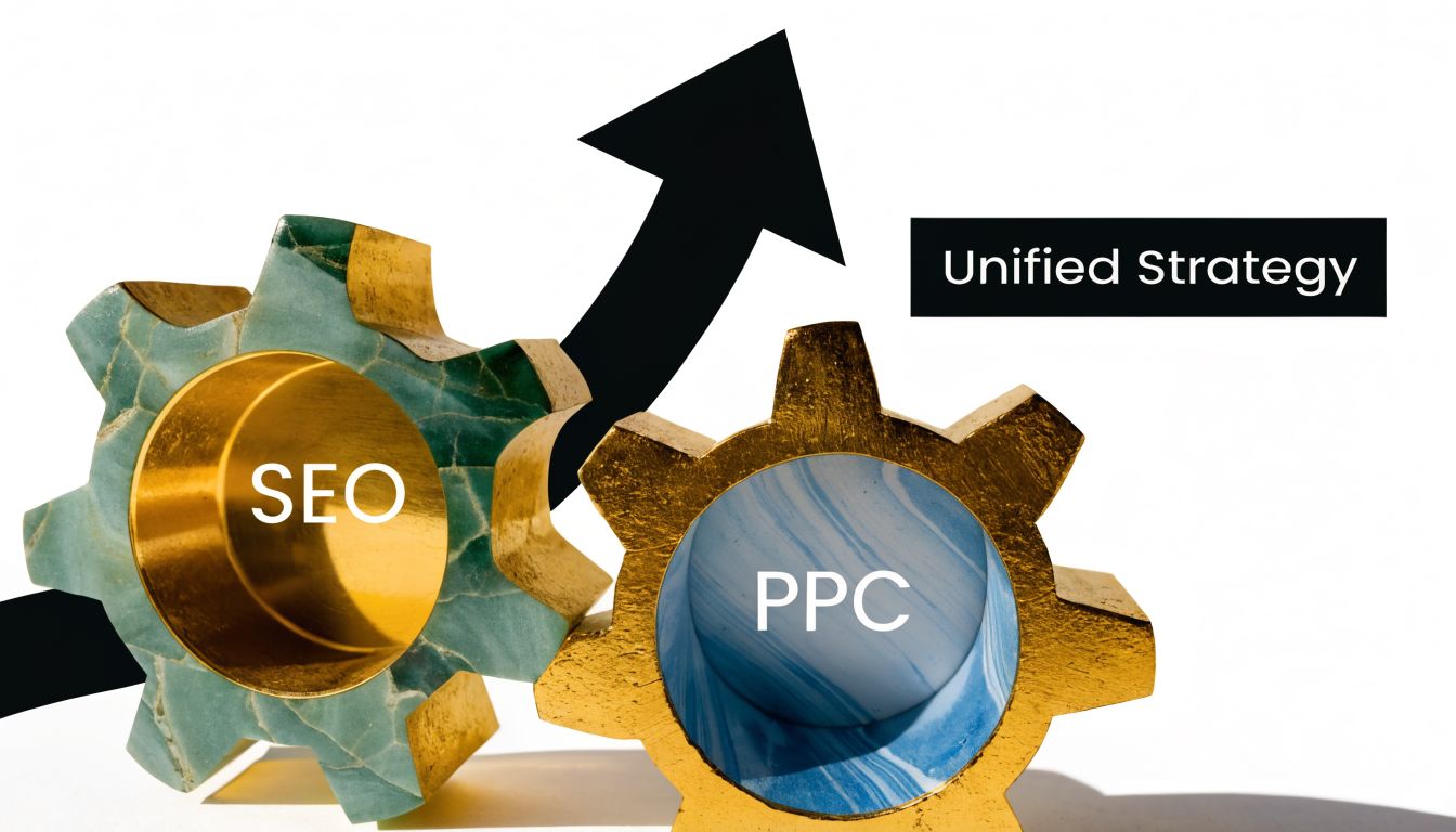 Two interlocking gears representing SEO and PPC working together under a unified strategy for growth.