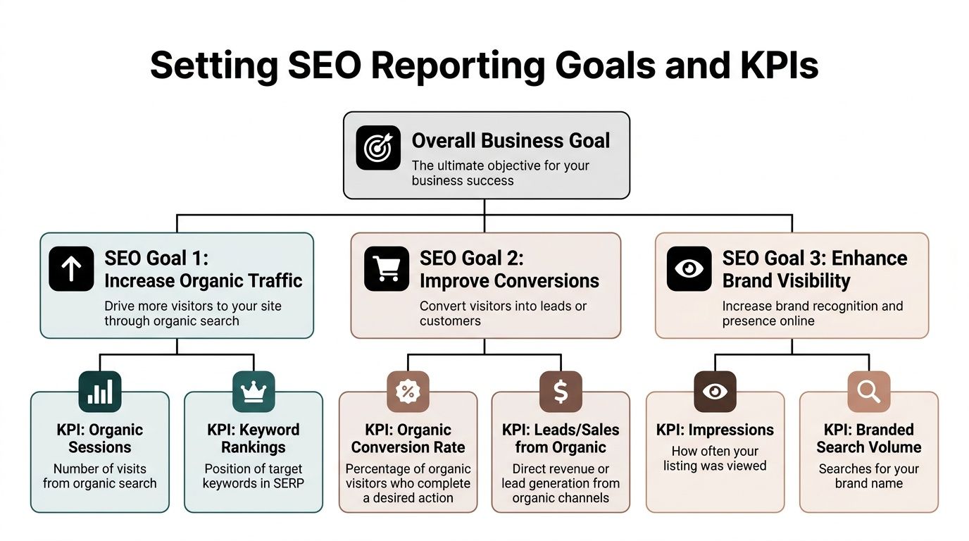 A diagram illustrating SEO reporting goals and KPIs, including traffic, conversions, and brand visibility metrics.
