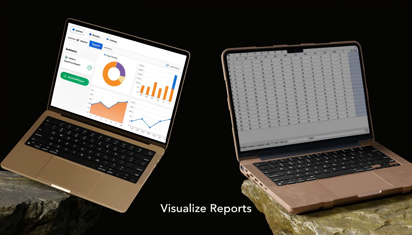 Two laptops displaying business analytics reports and data tables placed on textured stones against a black background.