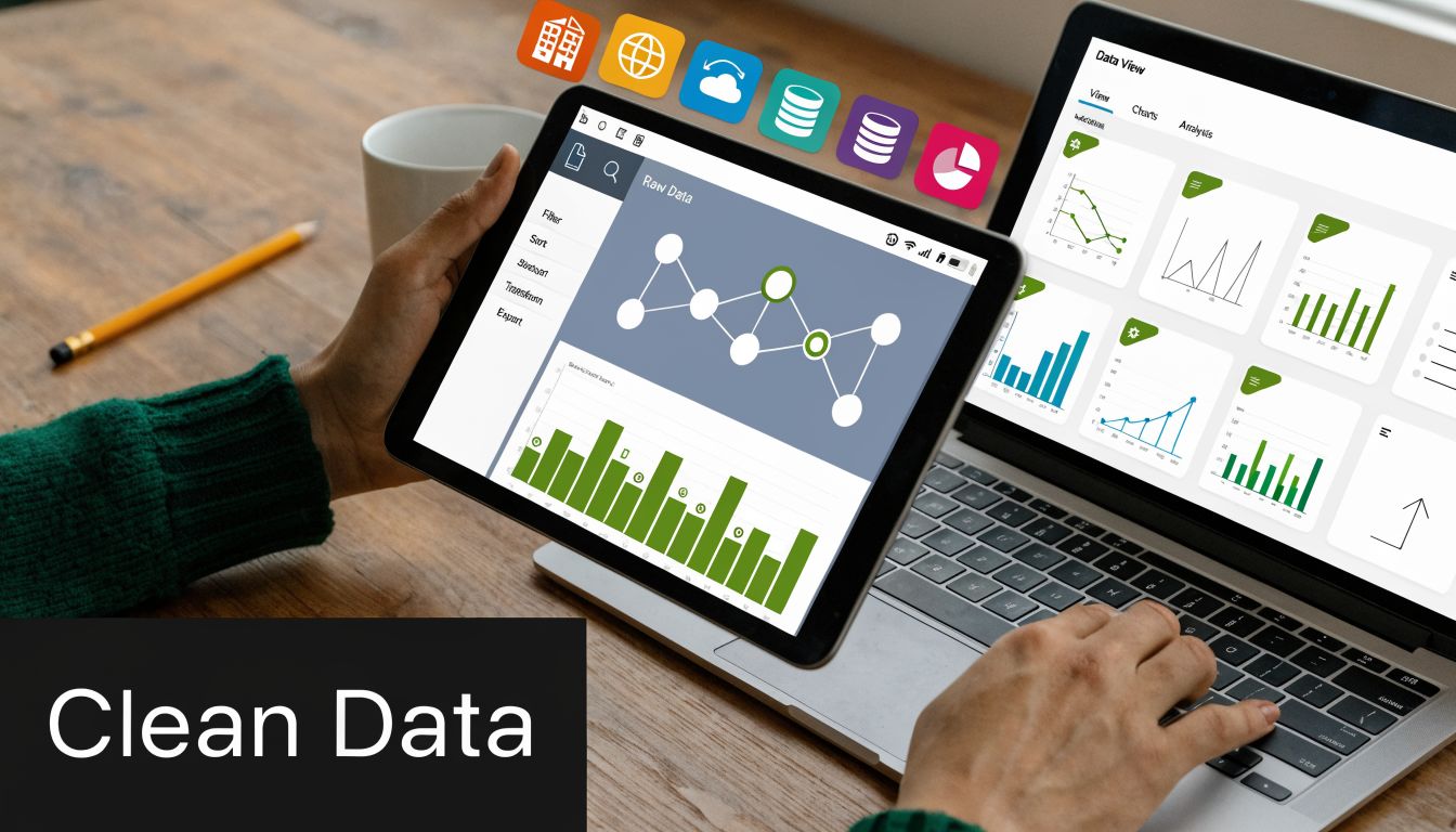 A professional working on data visualization software on a tablet and laptop to analyze clean data.