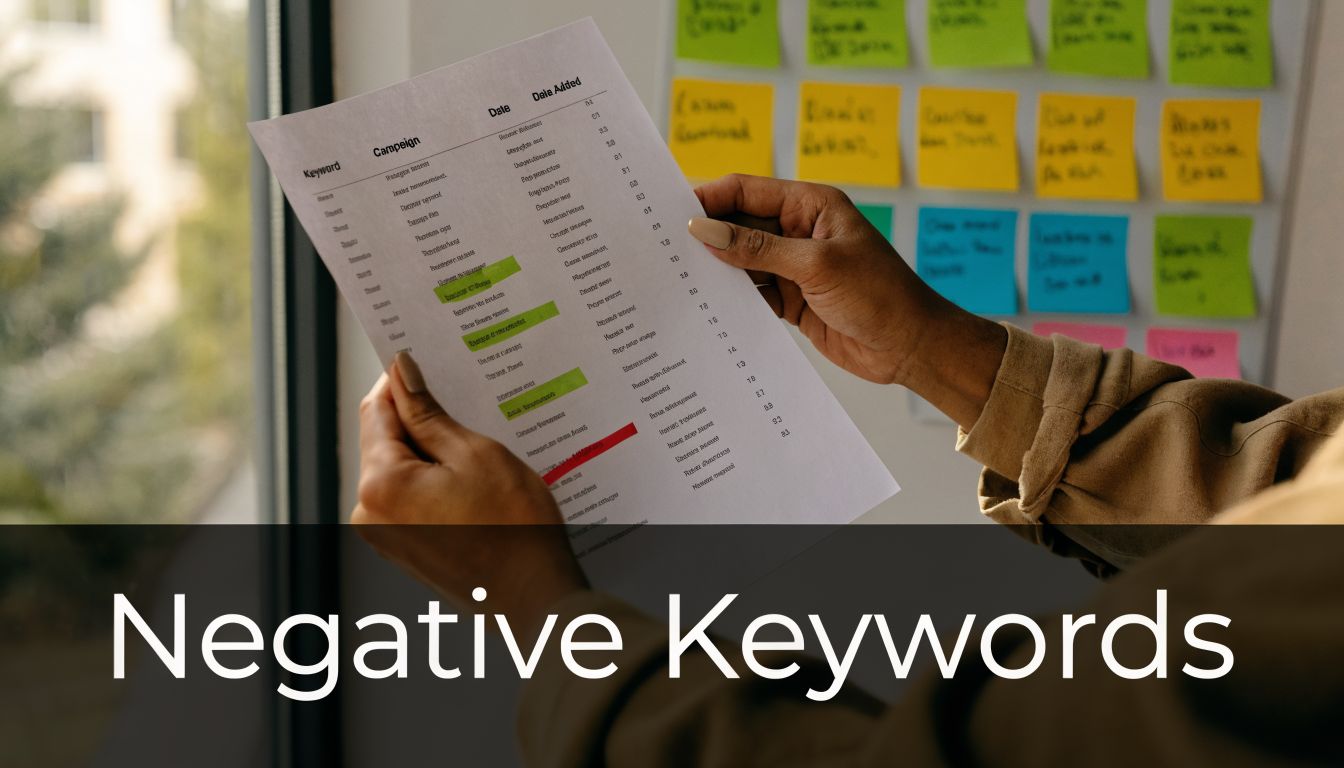 A professional analyzing a negative keywords report while holding a document in front of a sticky note board.
