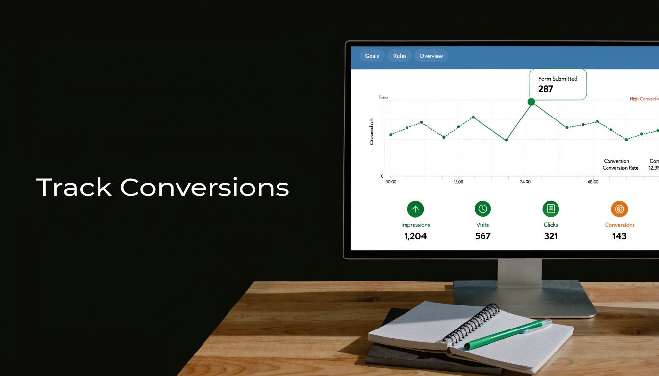 A computer monitor displaying conversion tracking analytics on a desk next to a notebook and pen.