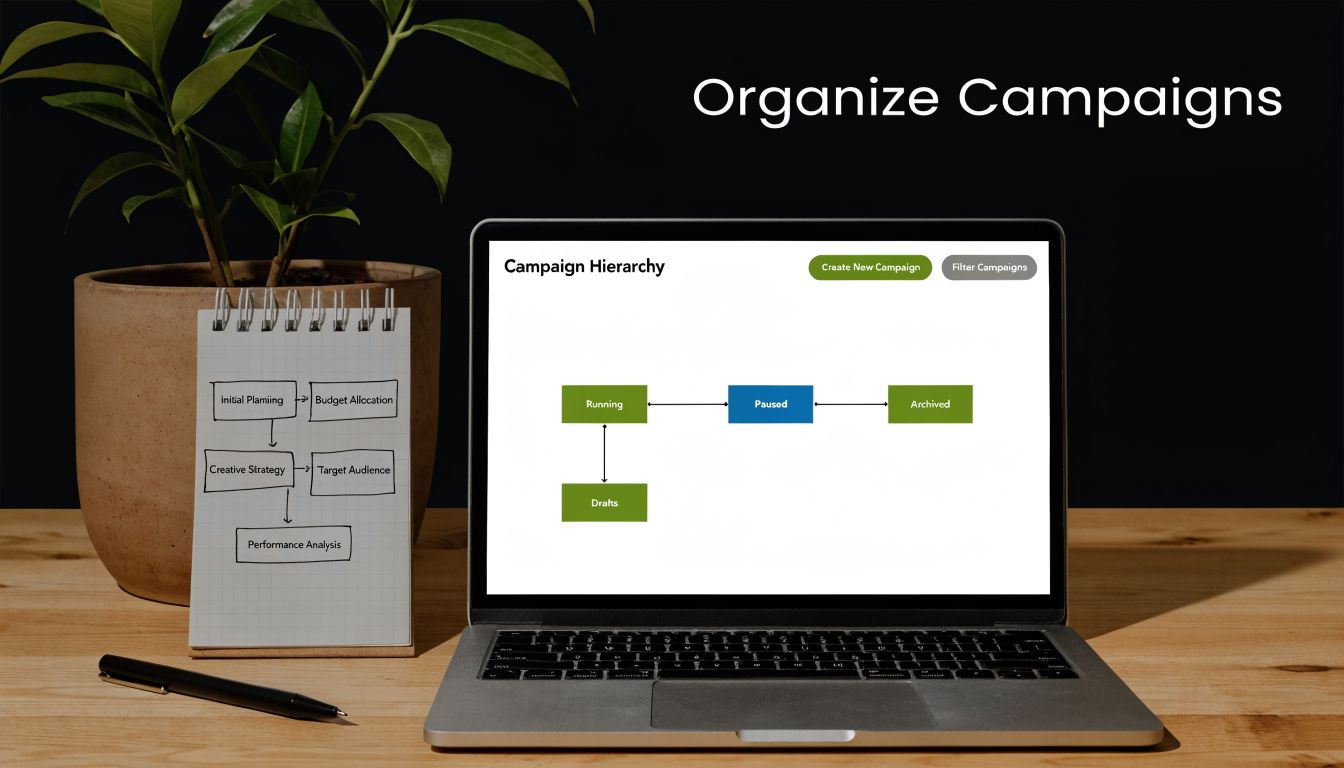 A laptop screen displaying a campaign hierarchy diagram next to a notepad with a planning flowchart.