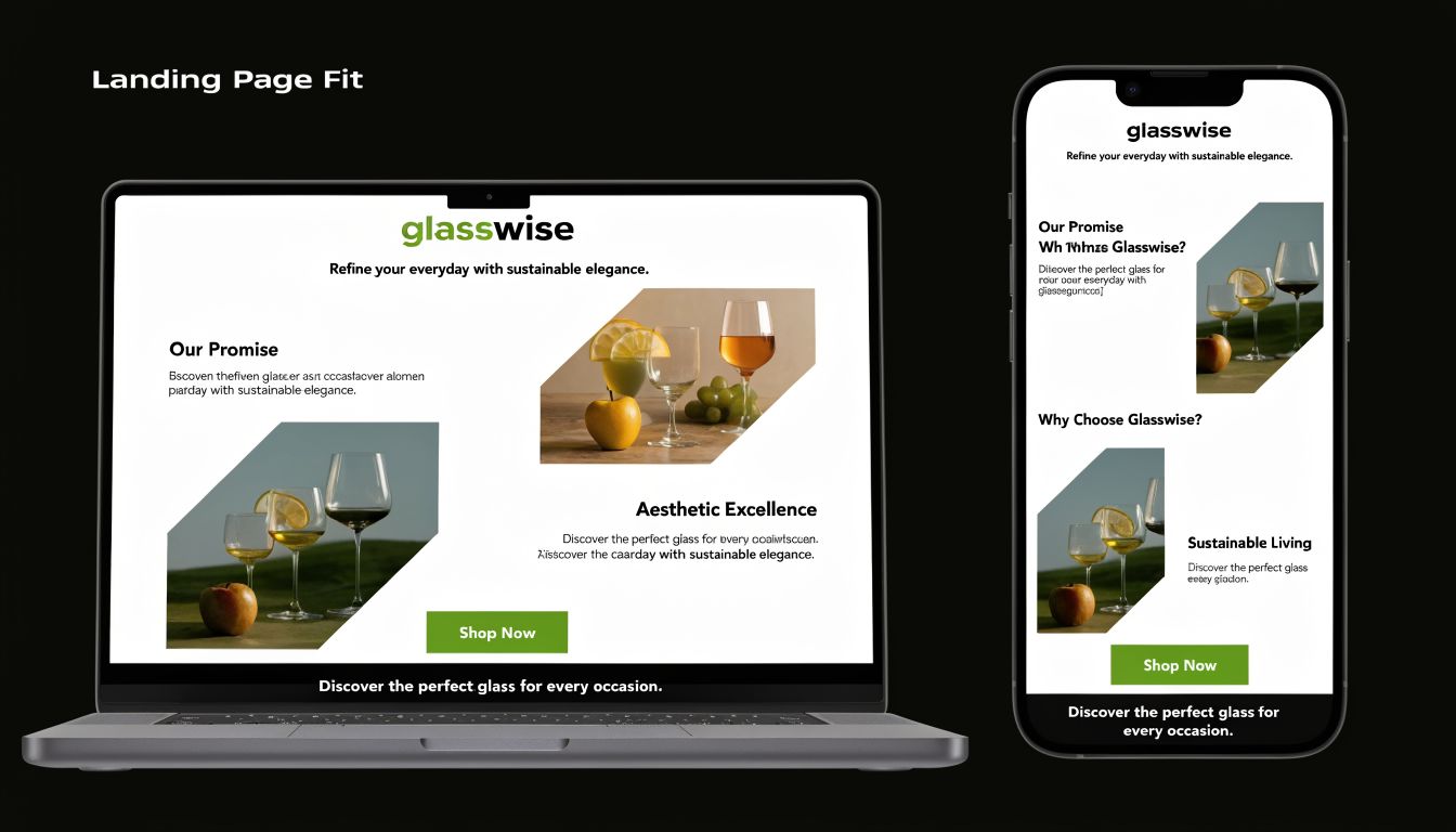 A web audit checklist demonstrating the responsive design of the Glasswise landing page on laptop and smartphone screens.
