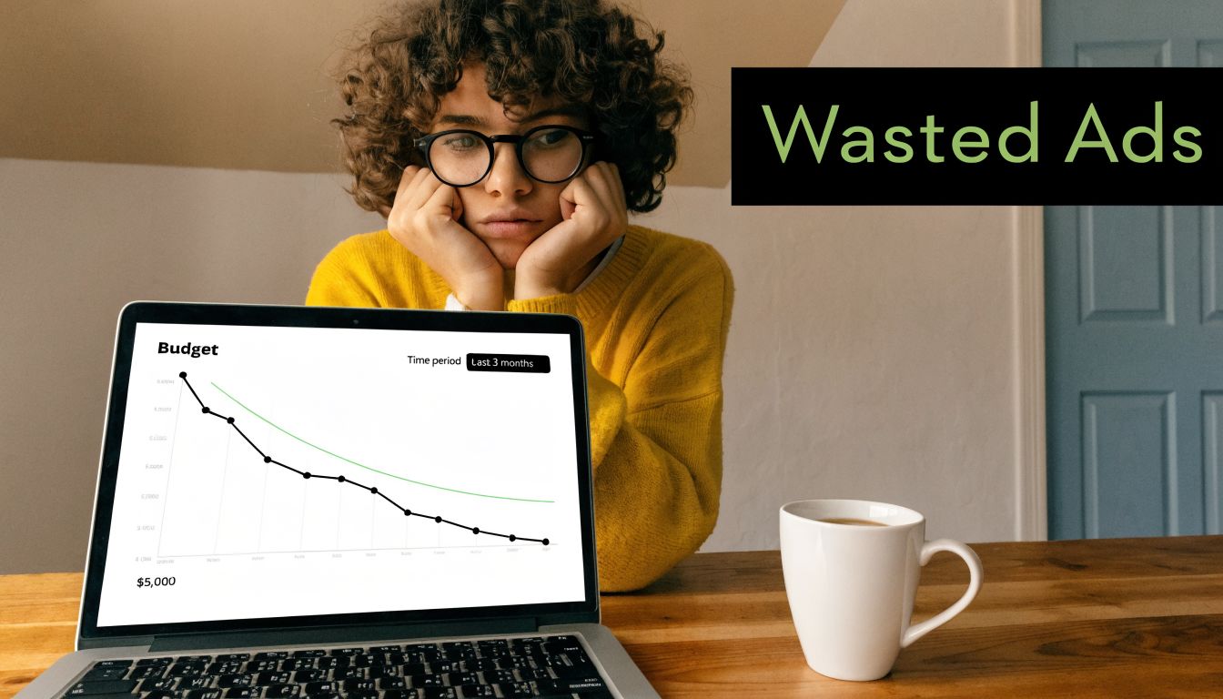 A frustrated person looking at a laptop screen showing a declining budget graph titled Wasted Ads.