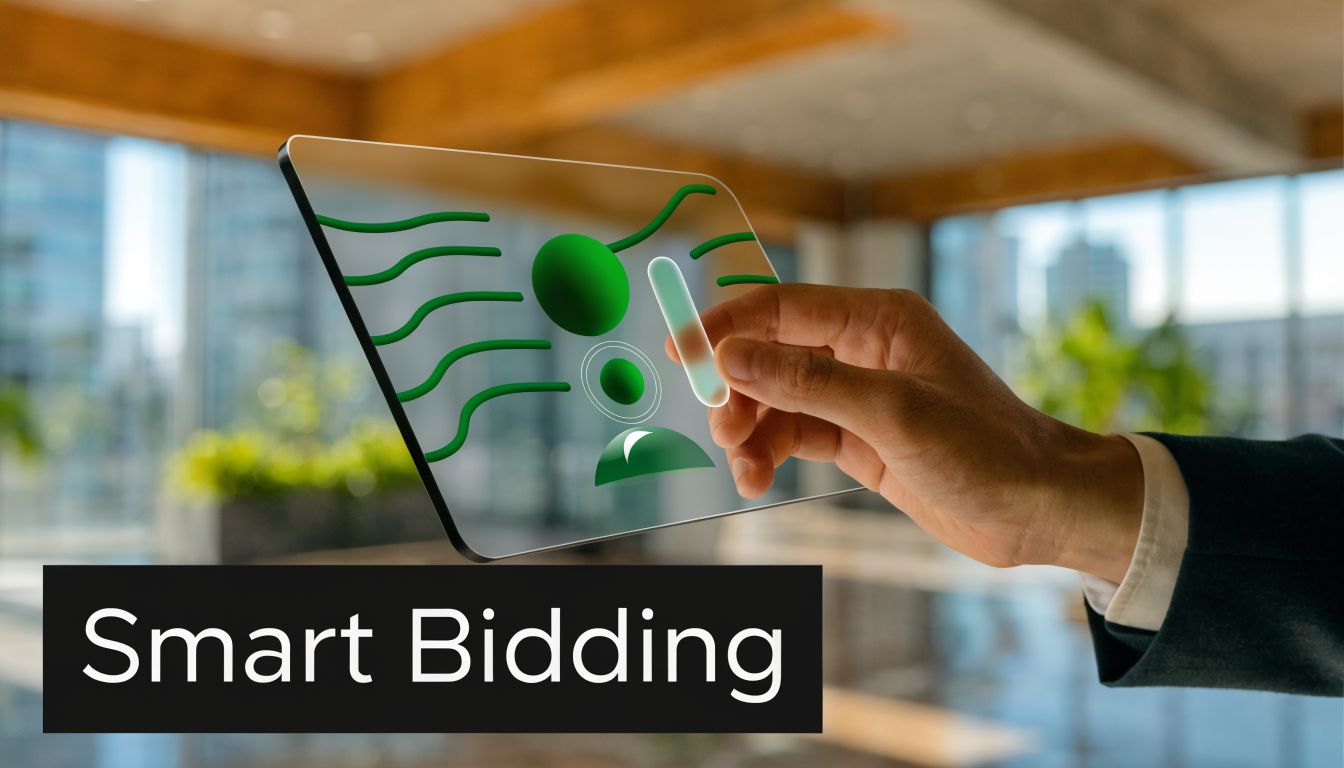 A professional hand interacts with a digital display interface showing abstract green graphics and Smart Bidding text.