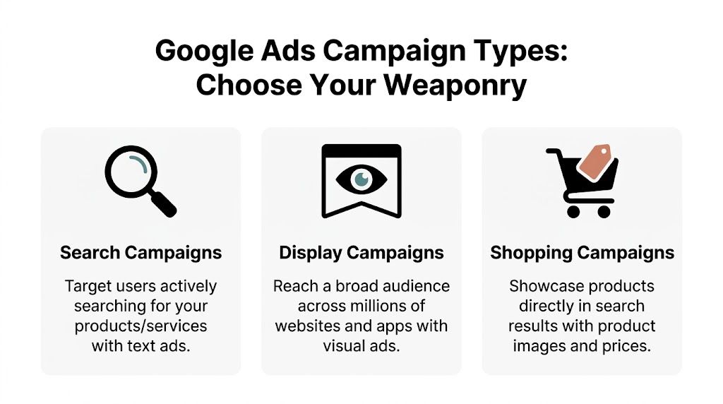 An infographic showing Google Ads campaign types including Search, Display, and Shopping campaign options for businesses.