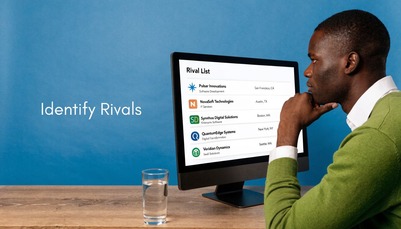 A man in a green sweater looking at a list of rival companies displayed on a computer screen.