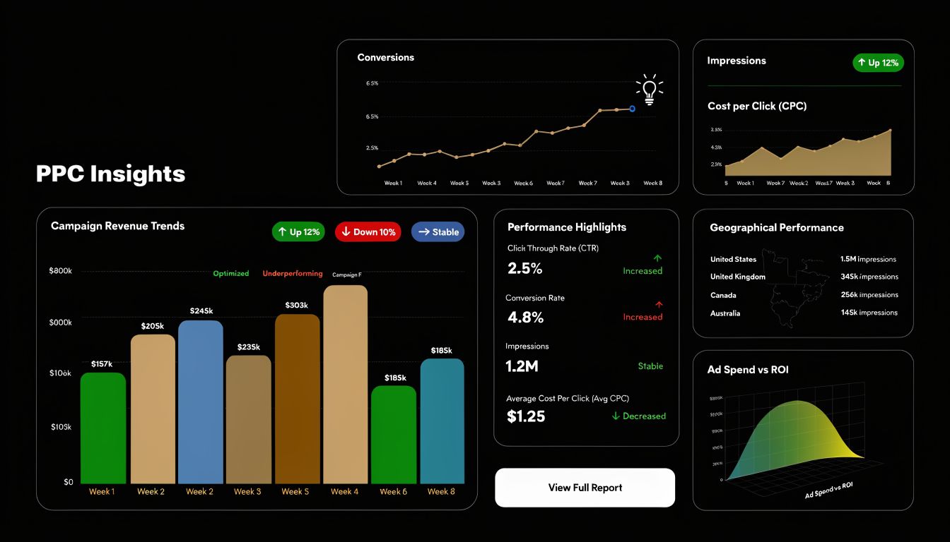 A digital dashboard showing PPC marketing analytics, campaign revenue trends, performance metrics, and geographical ad data visualizations.