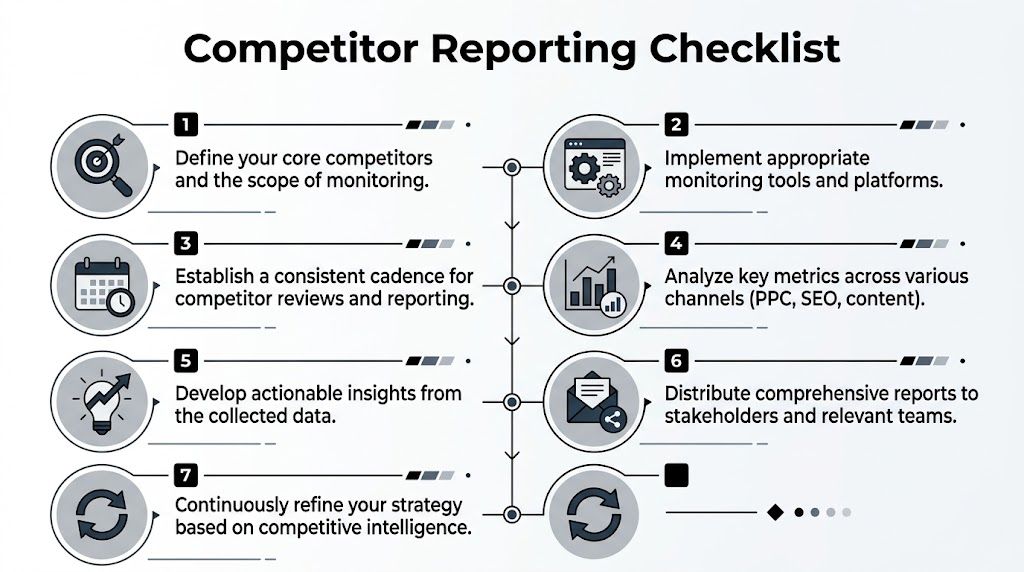 A checklist infographic illustrating seven essential steps for effective competitor monitoring and strategic business reporting.
