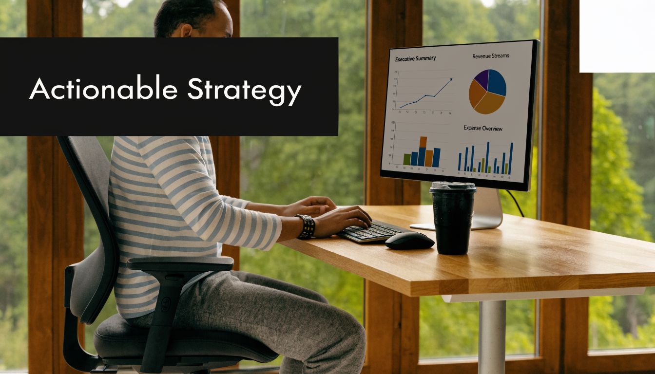 A person working at a desk with a monitor displaying business charts and an actionable strategy sign.